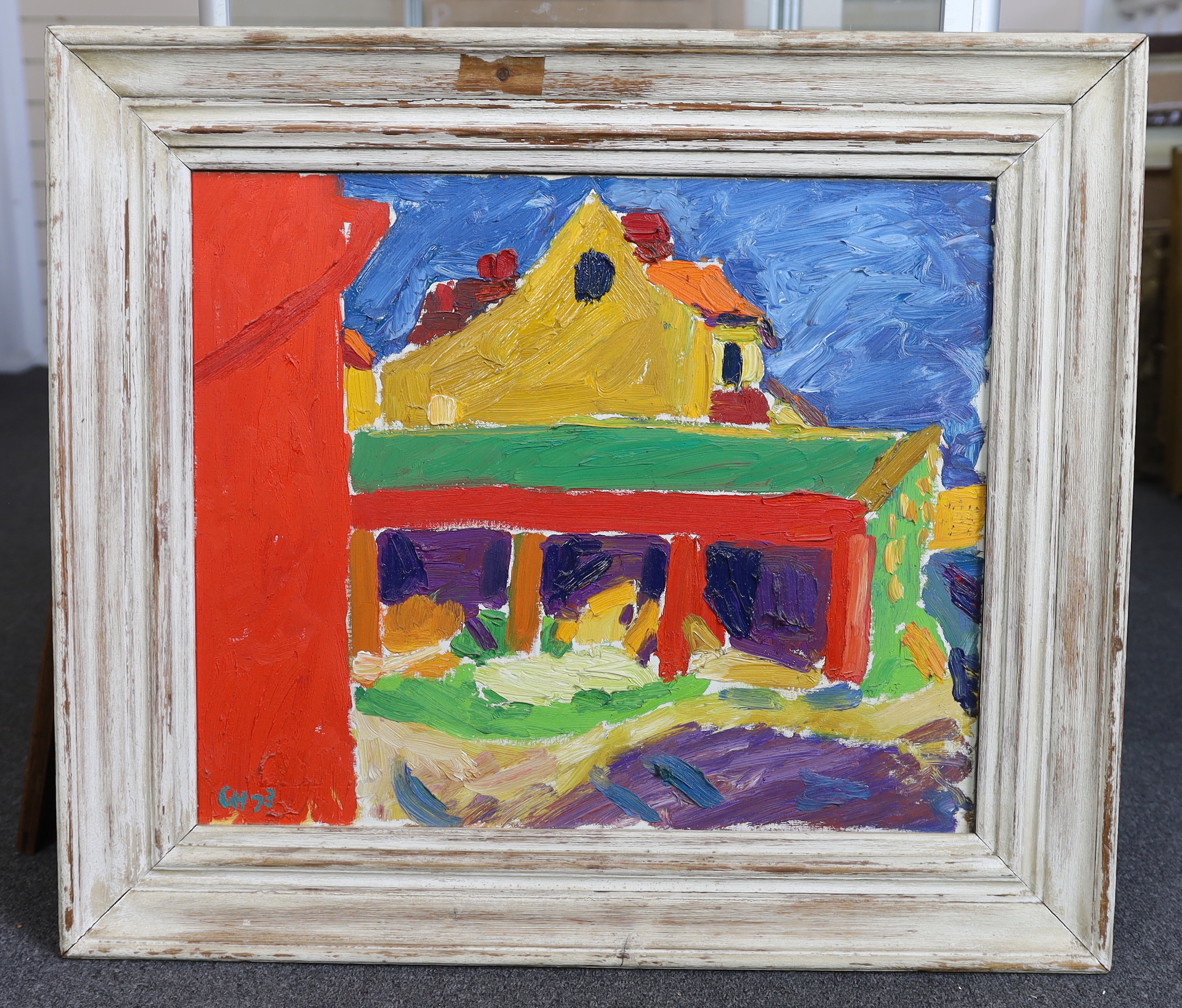 George Hooper (British, 1910-1994), House and barn, oil on canvas, 50 x 60cm